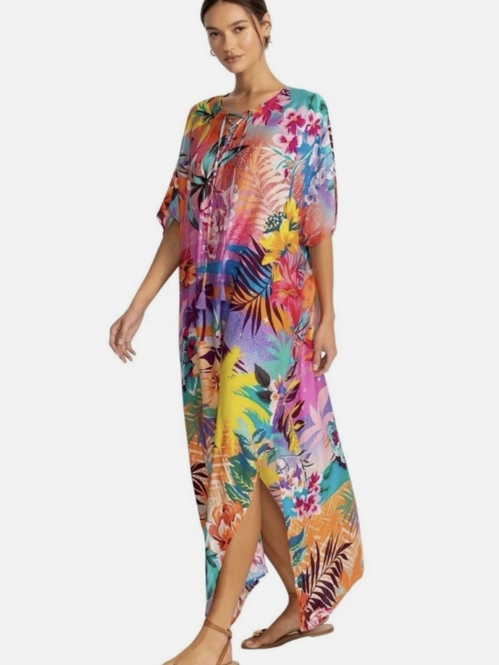 JOHNNY WAS Maxi Kaftan Zeru Tie Neck Tropical Reso Multi-Color Floral small medi